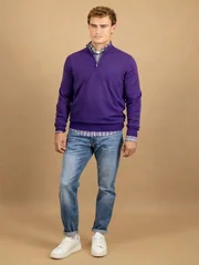 Fynch Hatton Cotton Troyer-Zip Structure Sweater - Purple - M