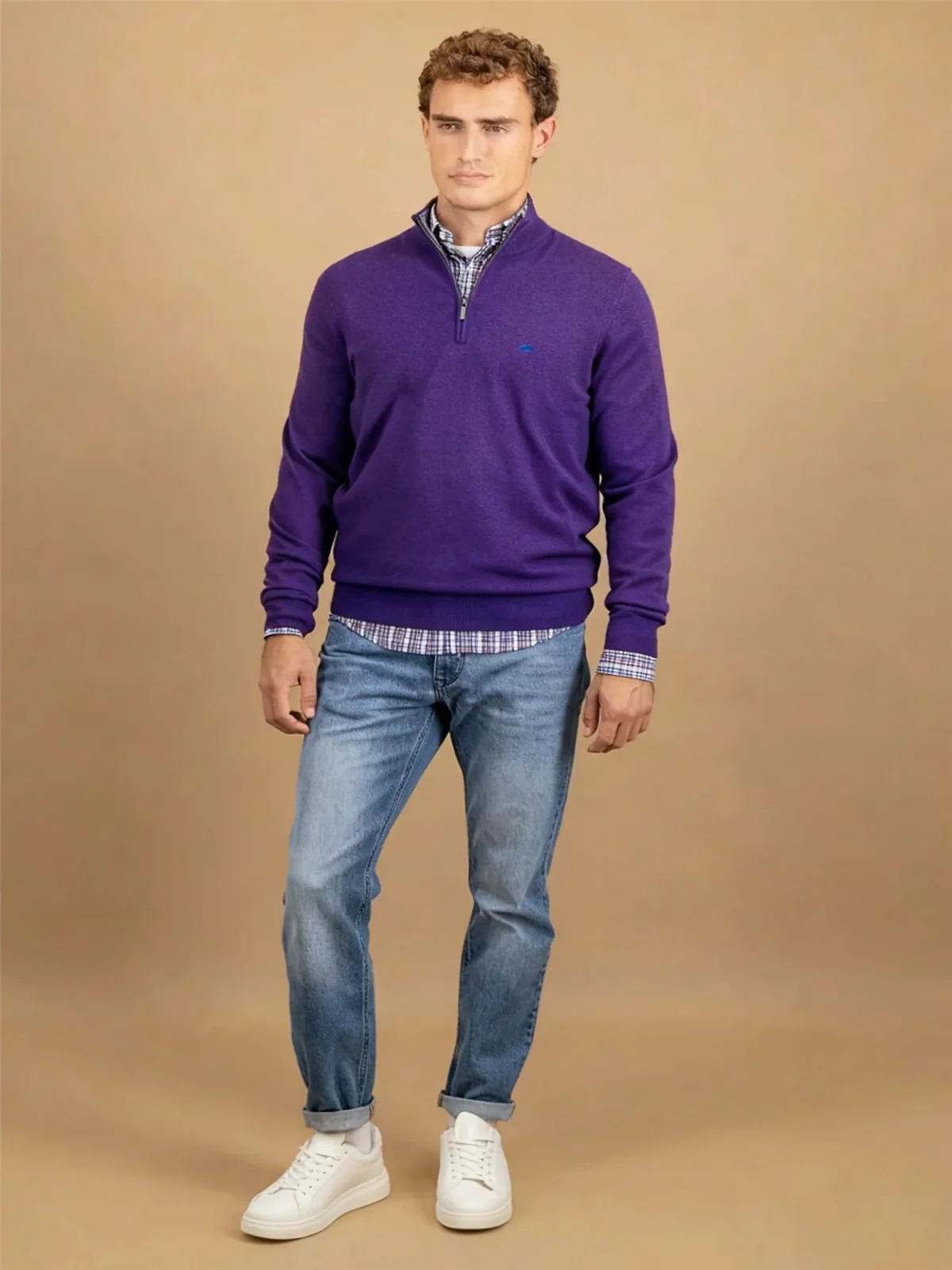 Fynch Hatton Cotton Troyer-Zip Structure Sweater - Purple - M