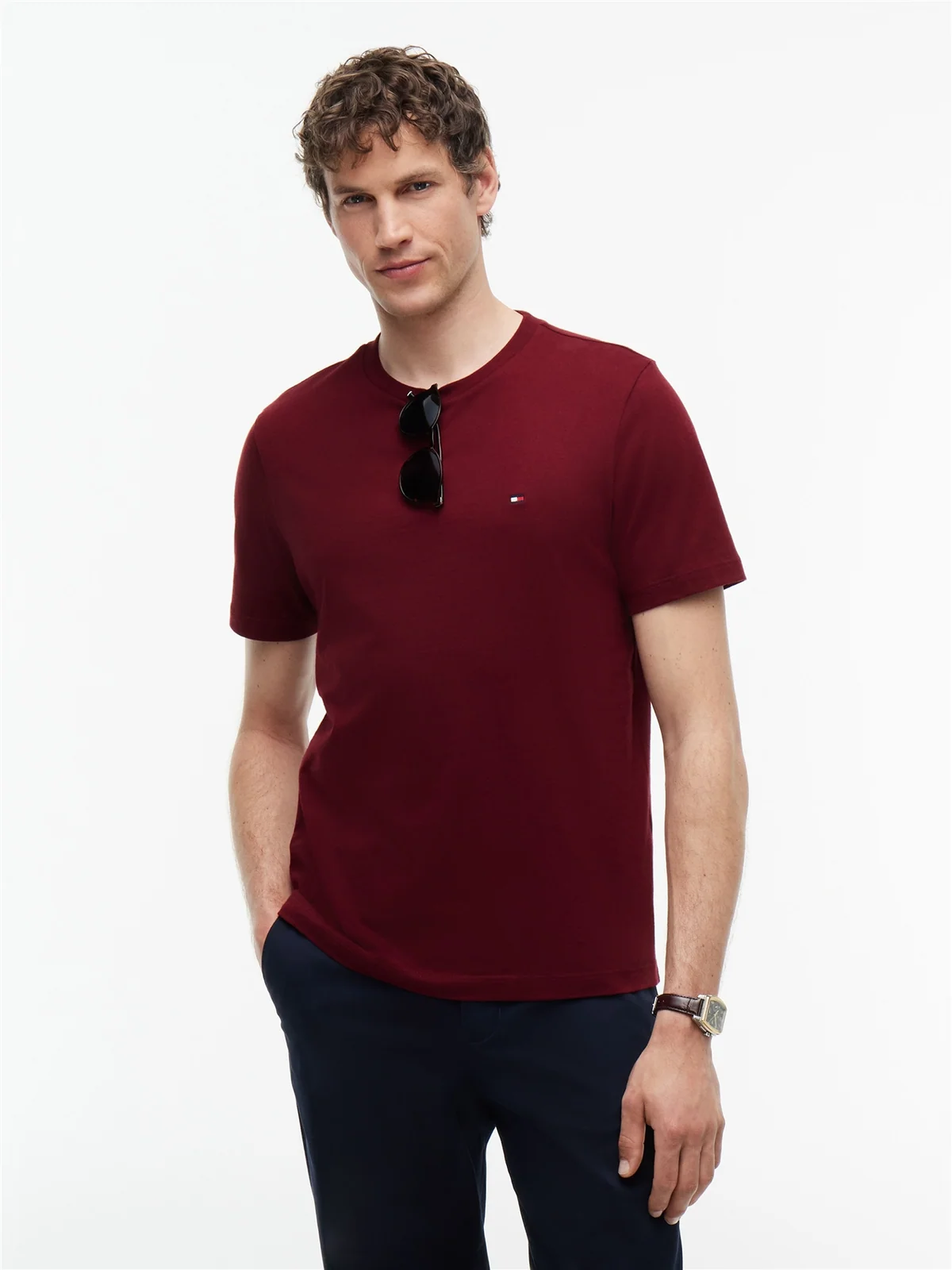 Tommy Hilfiger Flag Embroidery Crew Neck T-Shirt - Burgundy Wine - XS