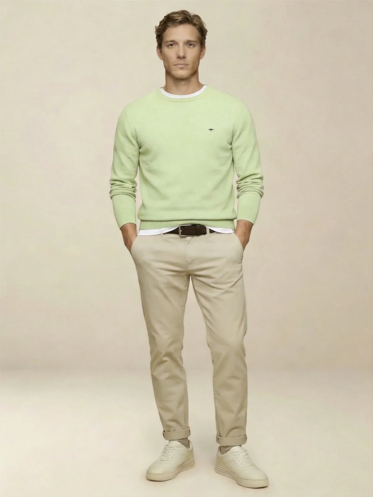 Fynch Hatton Fine Knit Cotton Crewneck Sweater - Lime Green - 2XL