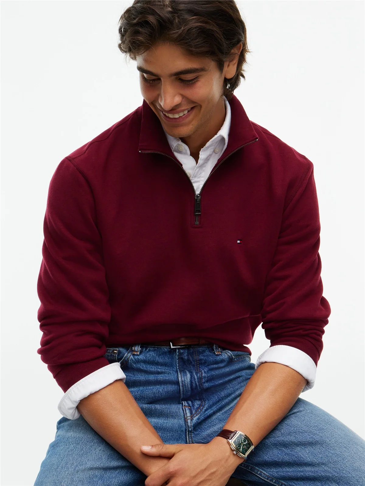 Tommy Hilfiger Essential Fleece 1/4 Zip Sweatshirt - Wine - L