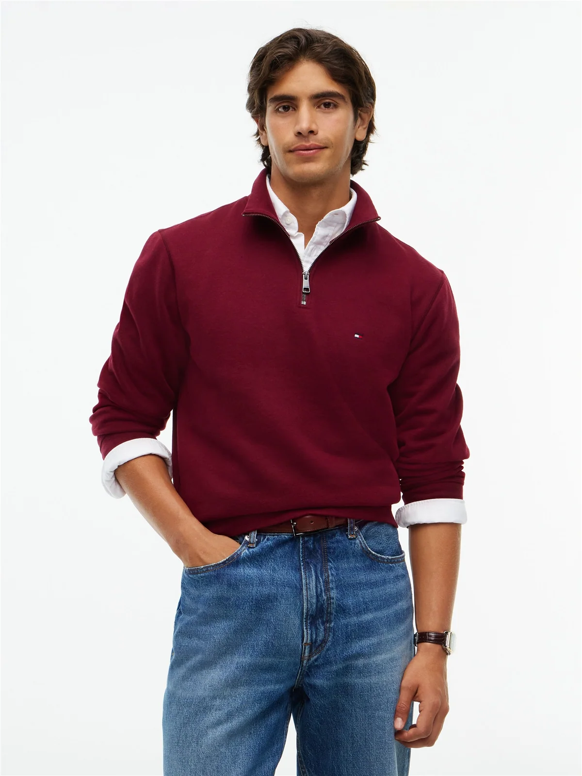 Tommy Hilfiger Essential Fleece 1/4 Zip Sweatshirt - Wine - L
