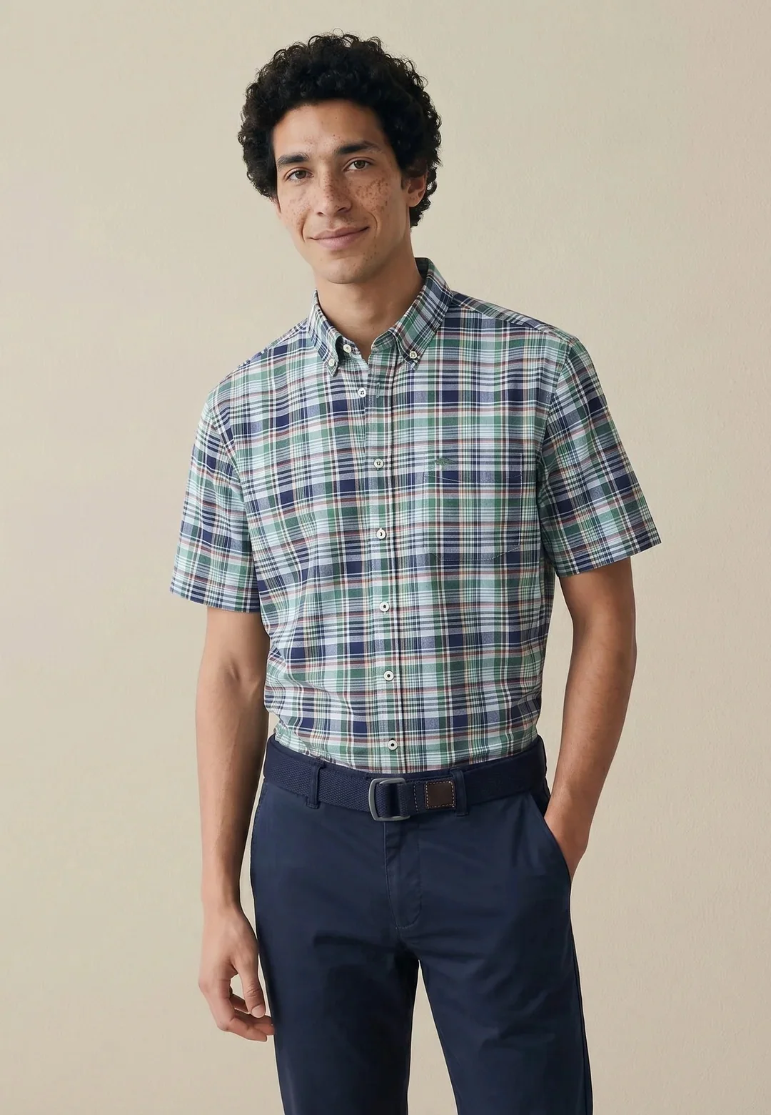 Fynch Hatton Colorful Madras Check Short Sleeve Shirt - Navy - M
