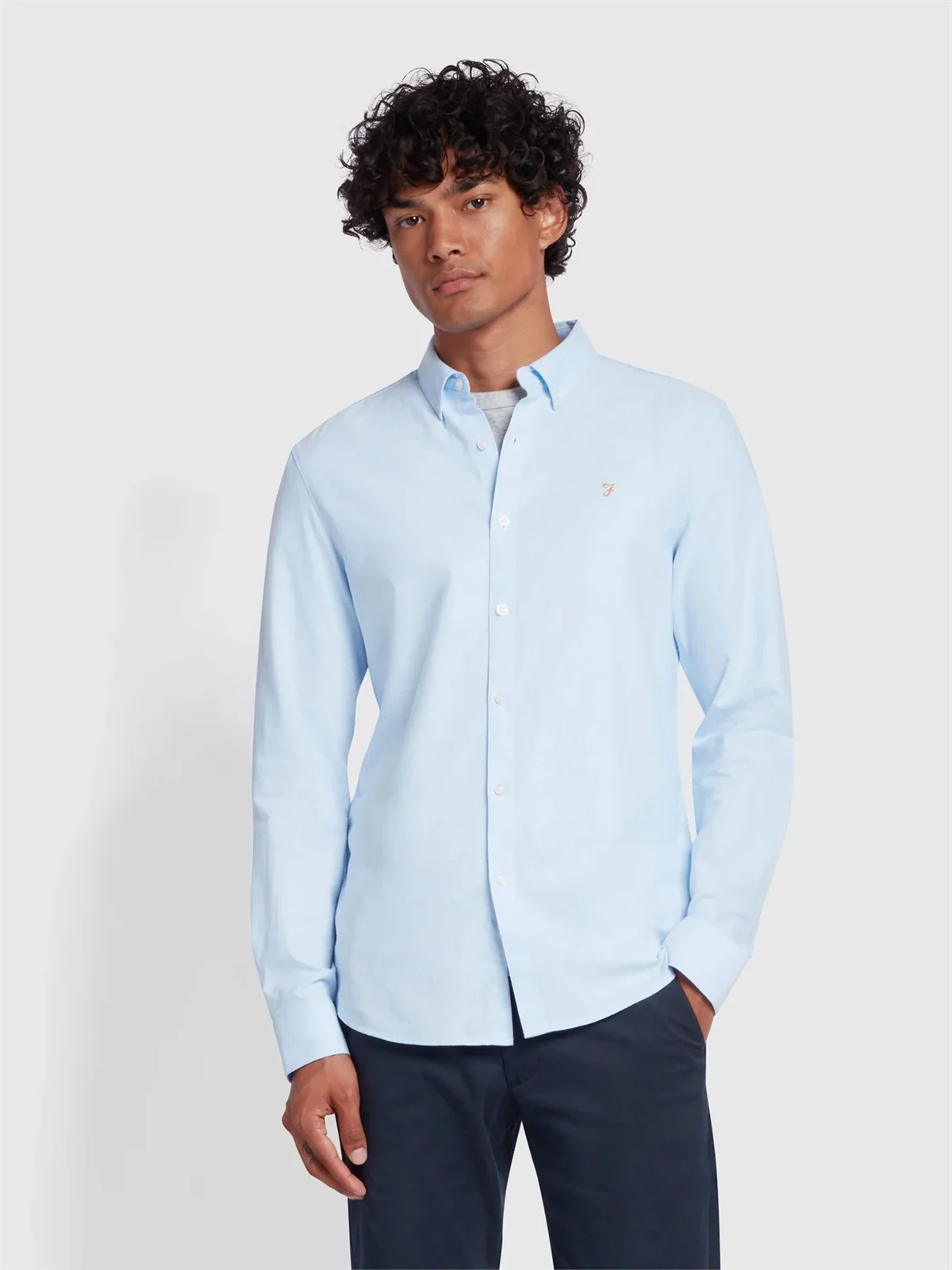 Farah Brewer Slim Fit Organic Cotton Oxford Shirt - Light Blue - L