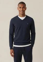 Fynch Hatton Fine Knit Cotton V-Neck Sweater - Navy - L
