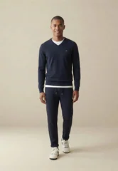 Fynch Hatton Fine Knit Cotton V-Neck Sweater - Navy - L