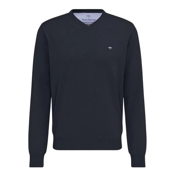 Fynch Hatton Fine Knit Cotton V-Neck Sweater - Navy - L