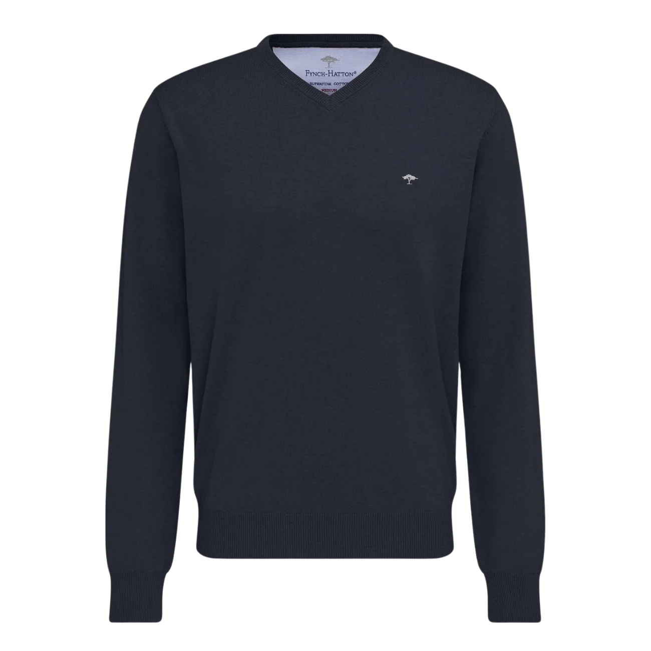 Fynch Hatton Fine Knit Cotton V-Neck Sweater - Navy - L
