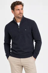 Fynch Hatton Troyer Zip Merino Cashmere Sweater - Navy - M