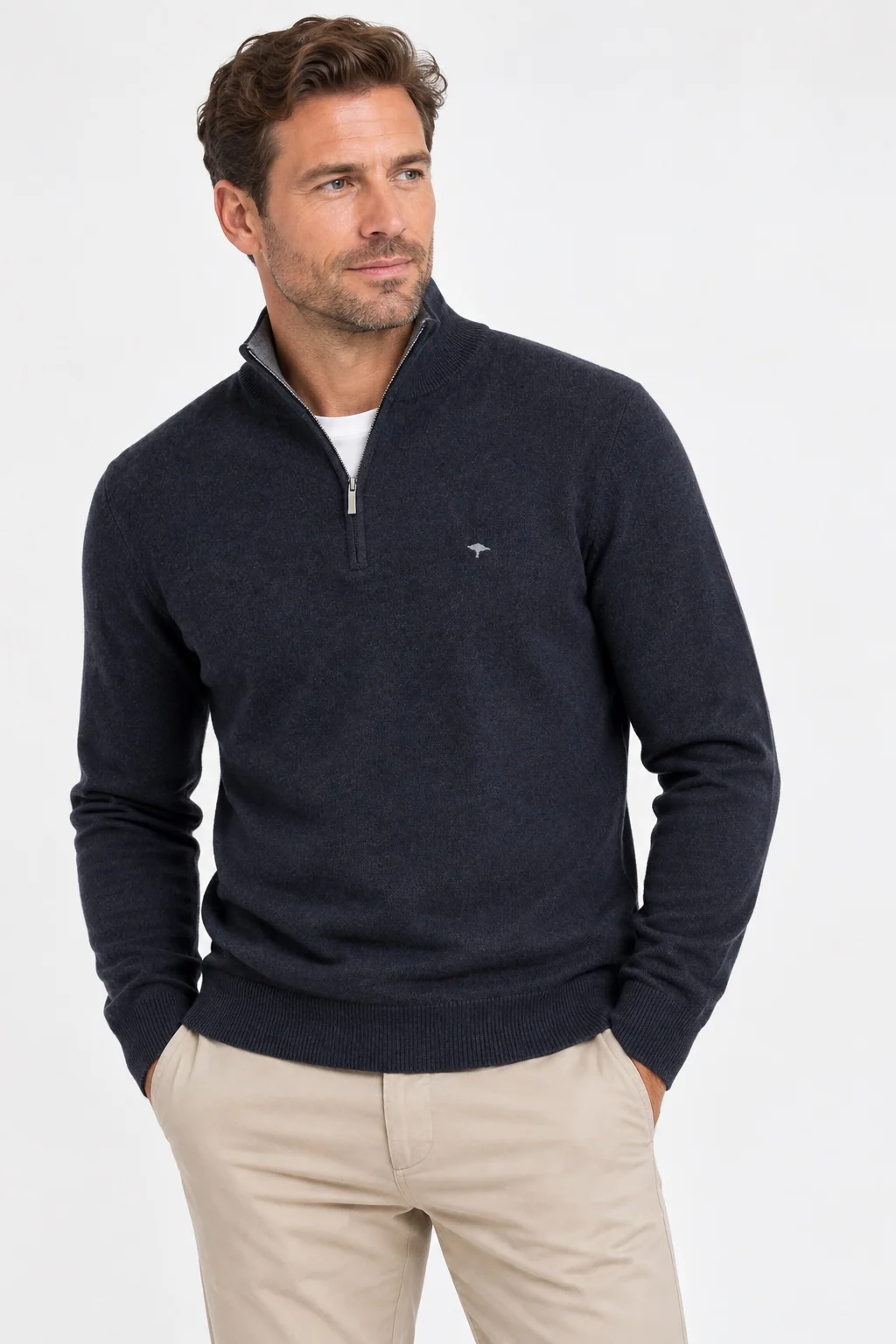 Fynch Hatton Troyer Zip Merino Cashmere Sweater - Navy - M