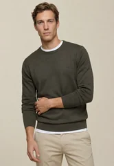 Fynch Hatton Fine Knit Cotton Crewneck Sweater - Green - XL