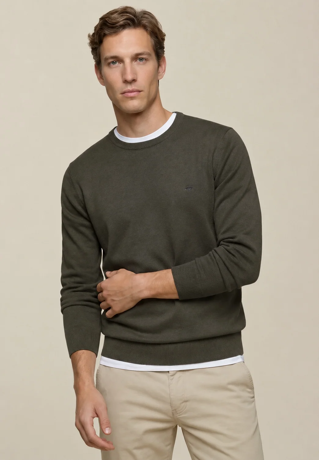 Fynch Hatton Fine Knit Cotton Crewneck Sweater - Green - XL