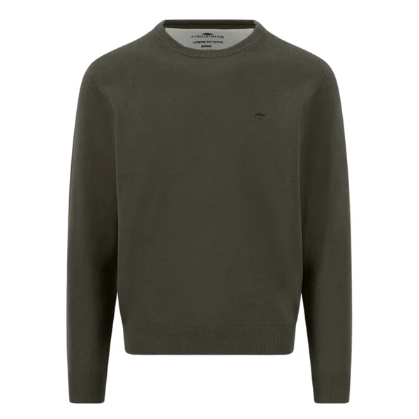 Fynch Hatton Fine Knit Cotton Crewneck Sweater - Green - XL