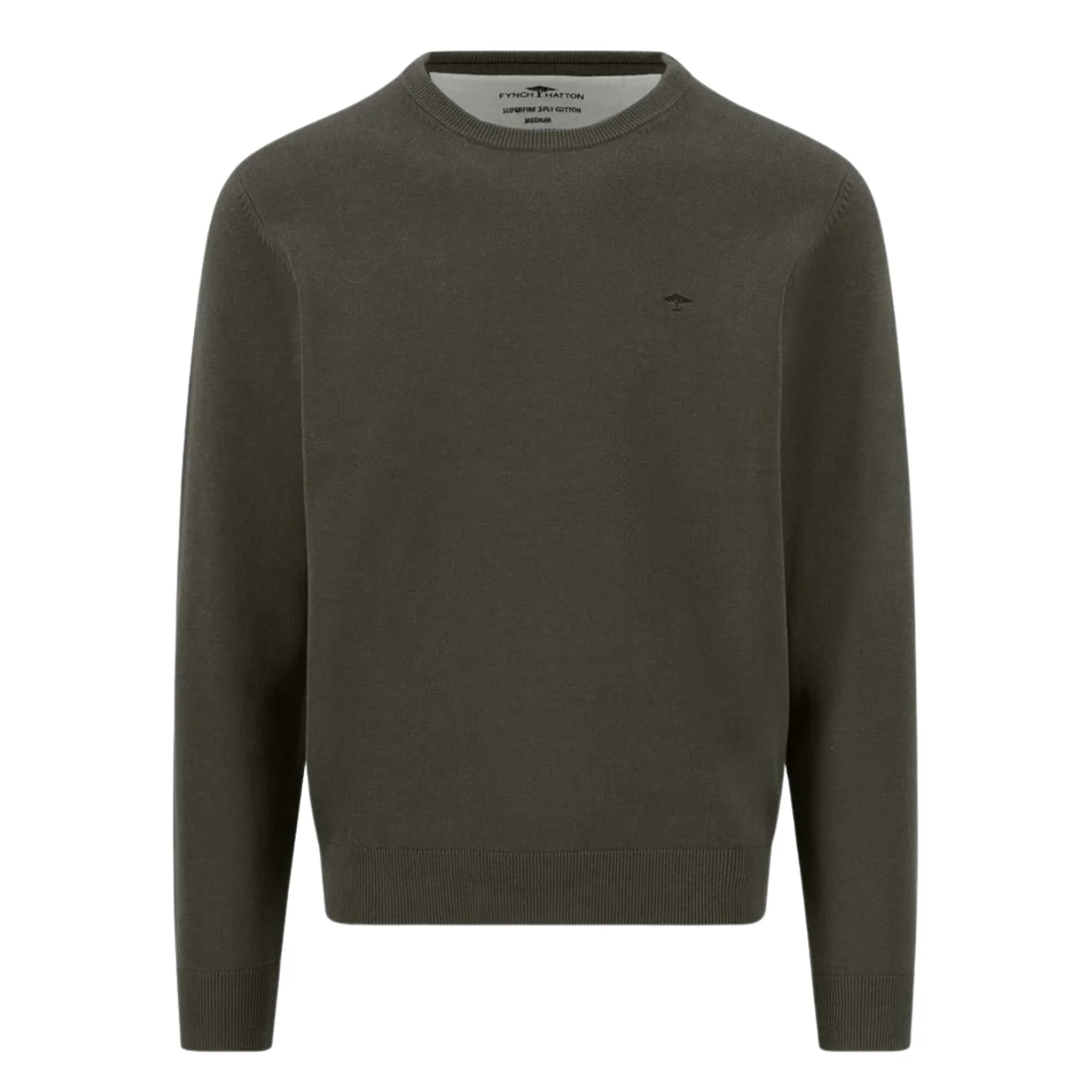 Fynch Hatton Fine Knit Cotton Crewneck Sweater - Green - XL