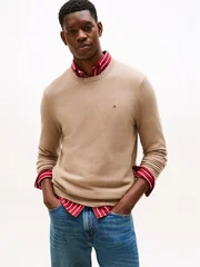 Tommy Hilfiger Flag Embroidery Textured Crew Neck Jumper - Beige - XL