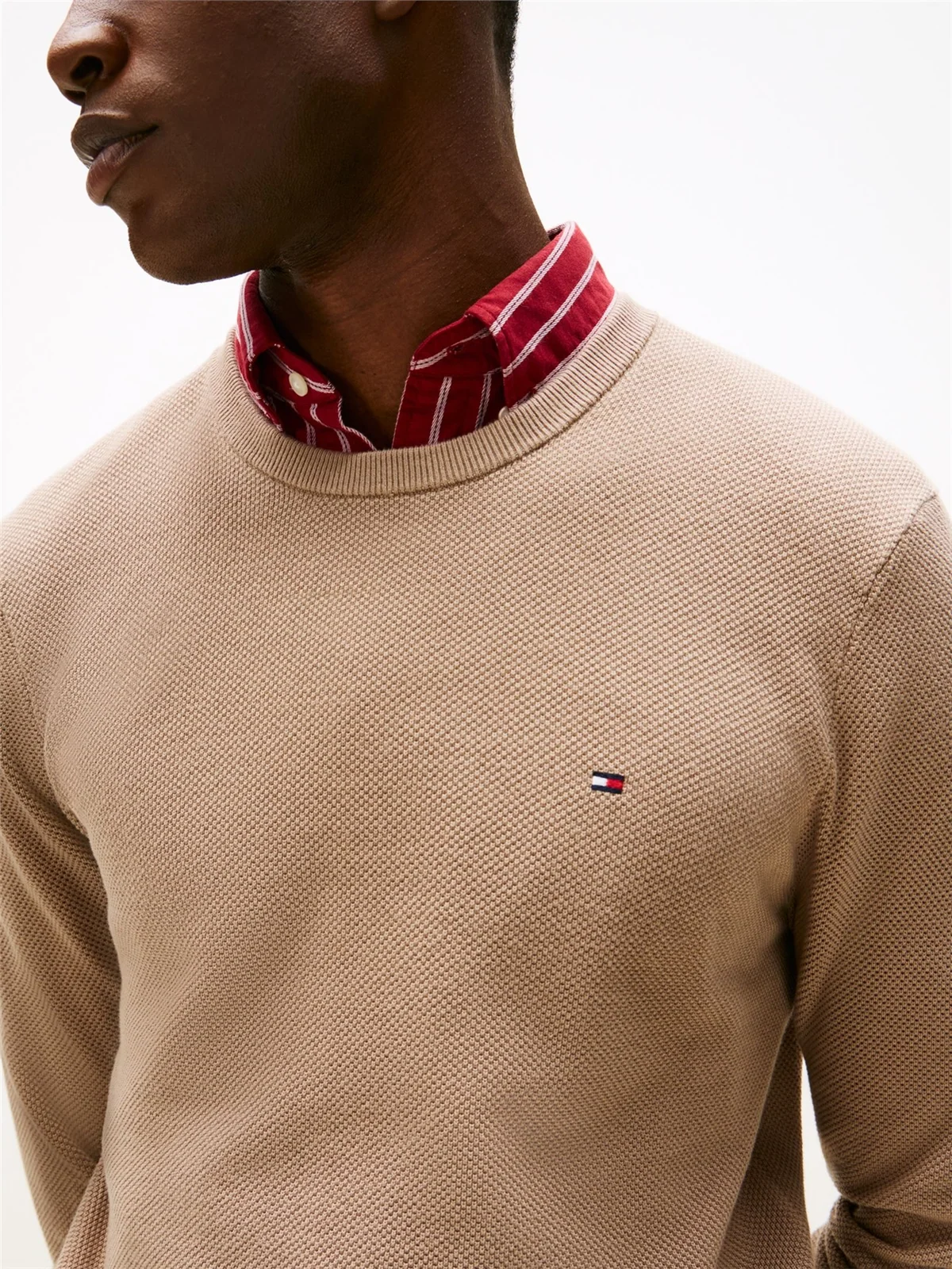Tommy Hilfiger Flag Embroidery Textured Crew Neck Jumper - Beige - XL