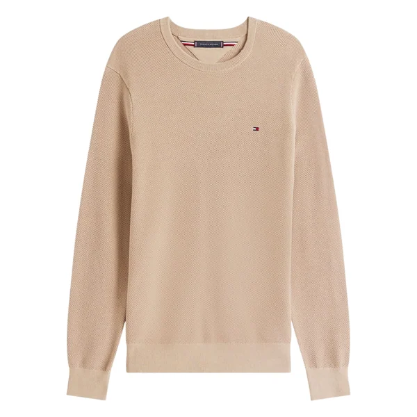 Tommy Hilfiger Flag Embroidery Textured Crew Neck Jumper - Beige - XL
