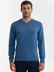 Fynch Hatton V-Neck Superfine Cotton Jumper - Azure blue - 2XL