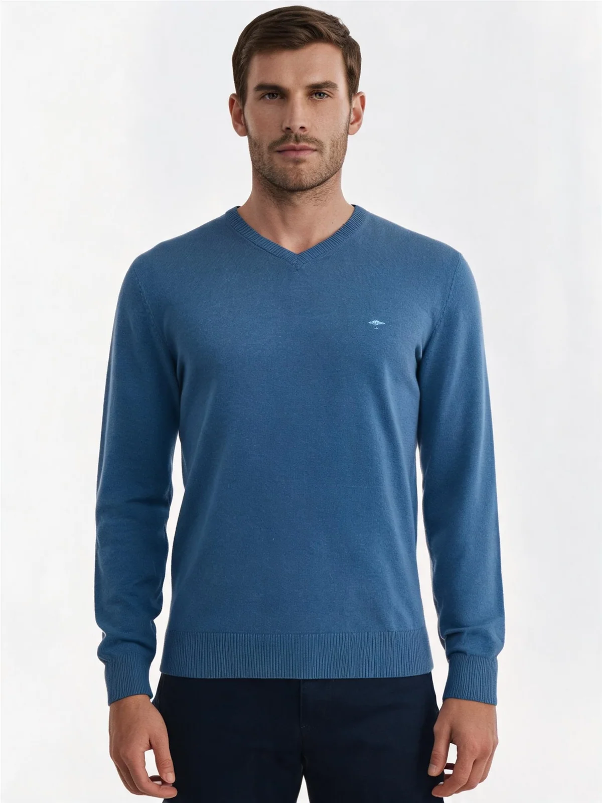 Fynch Hatton V-Neck Superfine Cotton Jumper - Azure blue - 2XL