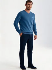 Fynch Hatton V-Neck Superfine Cotton Jumper - Azure blue - 2XL