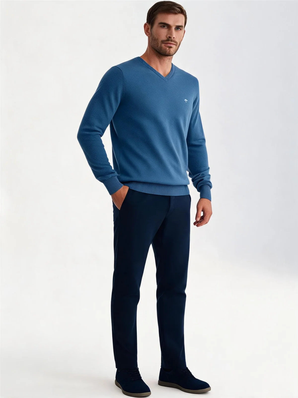 Fynch Hatton V-Neck Superfine Cotton Jumper - Azure blue - 2XL