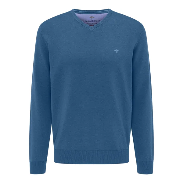 Fynch Hatton V-Neck Superfine Cotton Jumper - Azure blue - 2XL