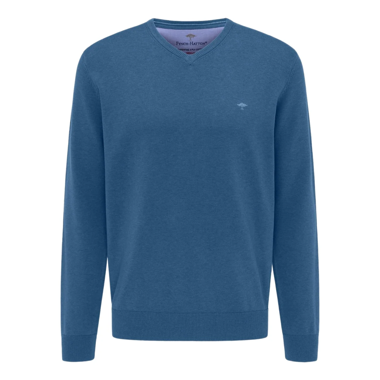 Fynch Hatton V-Neck Superfine Cotton Jumper - Azure blue - 2XL