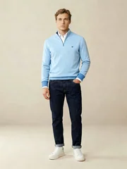 Fynch Hatton Fine Knit Cotton 1/4 Zip Sweater - Breeze Blue - 2XL