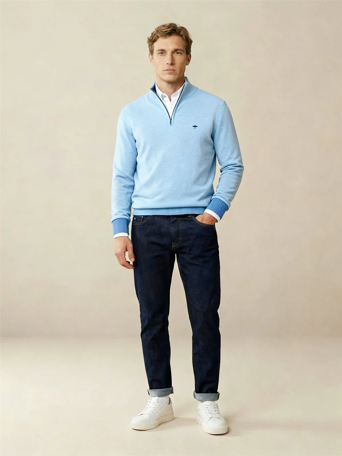 Fynch Hatton Fine Knit Cotton 1/4 Zip Sweater - Breeze Blue - 2XL