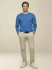 Fynch Hatton Fine Knit Cotton Crewneck Sweater - Blue - XL