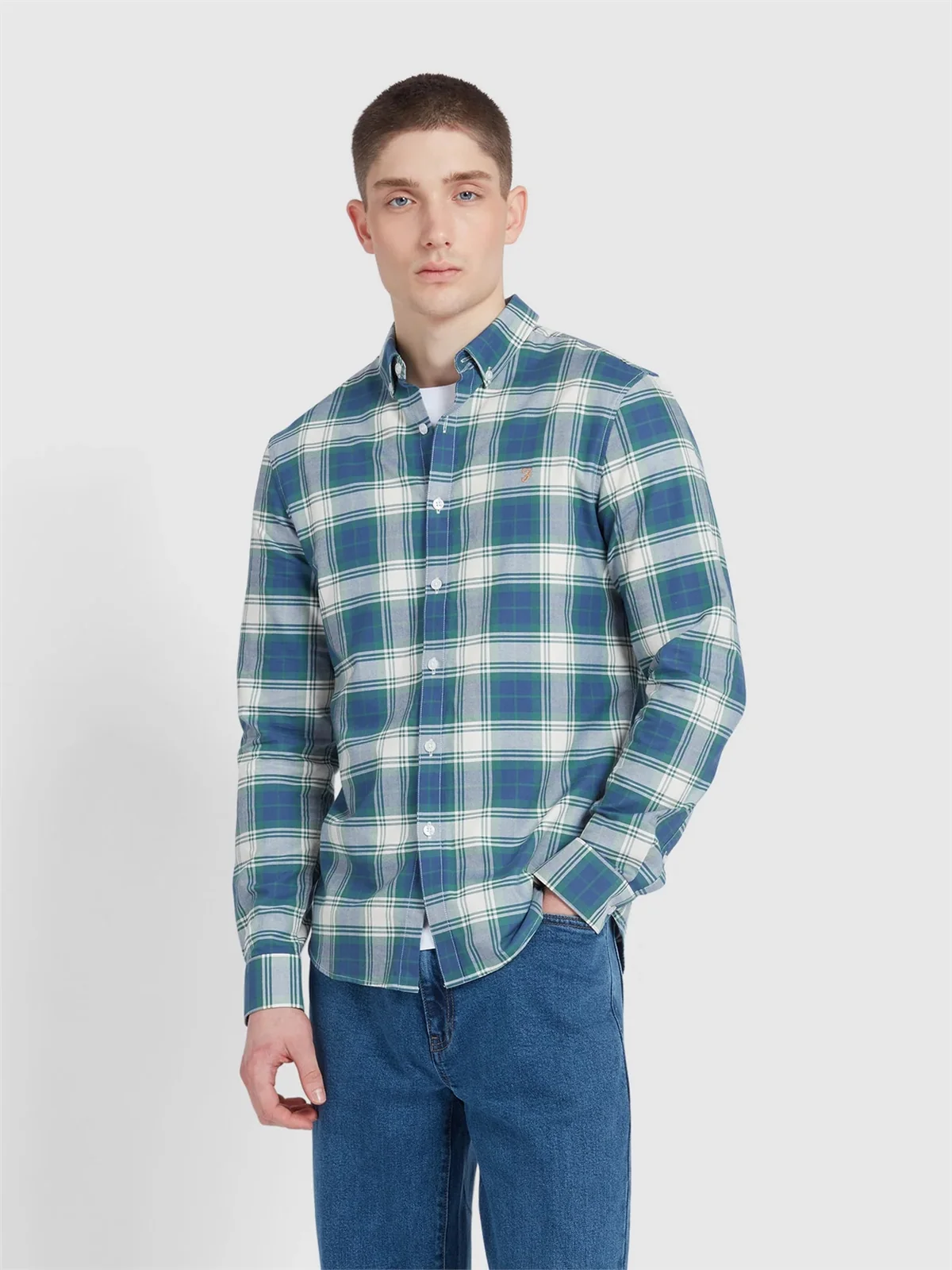 Farah Brewer Slim Fit Check Organic Cotton Oxford Shirt - Blue - XL