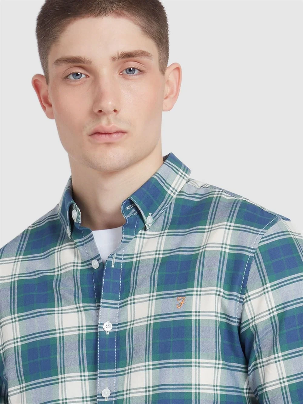 Farah Brewer Slim Fit Check Organic Cotton Oxford Shirt - Blue - XL