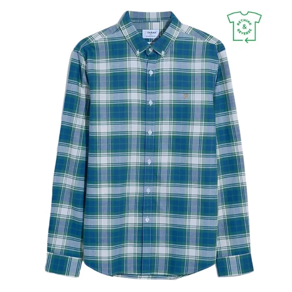 Farah Brewer Slim Fit Check Organic Cotton Oxford Shirt - Blue - XL