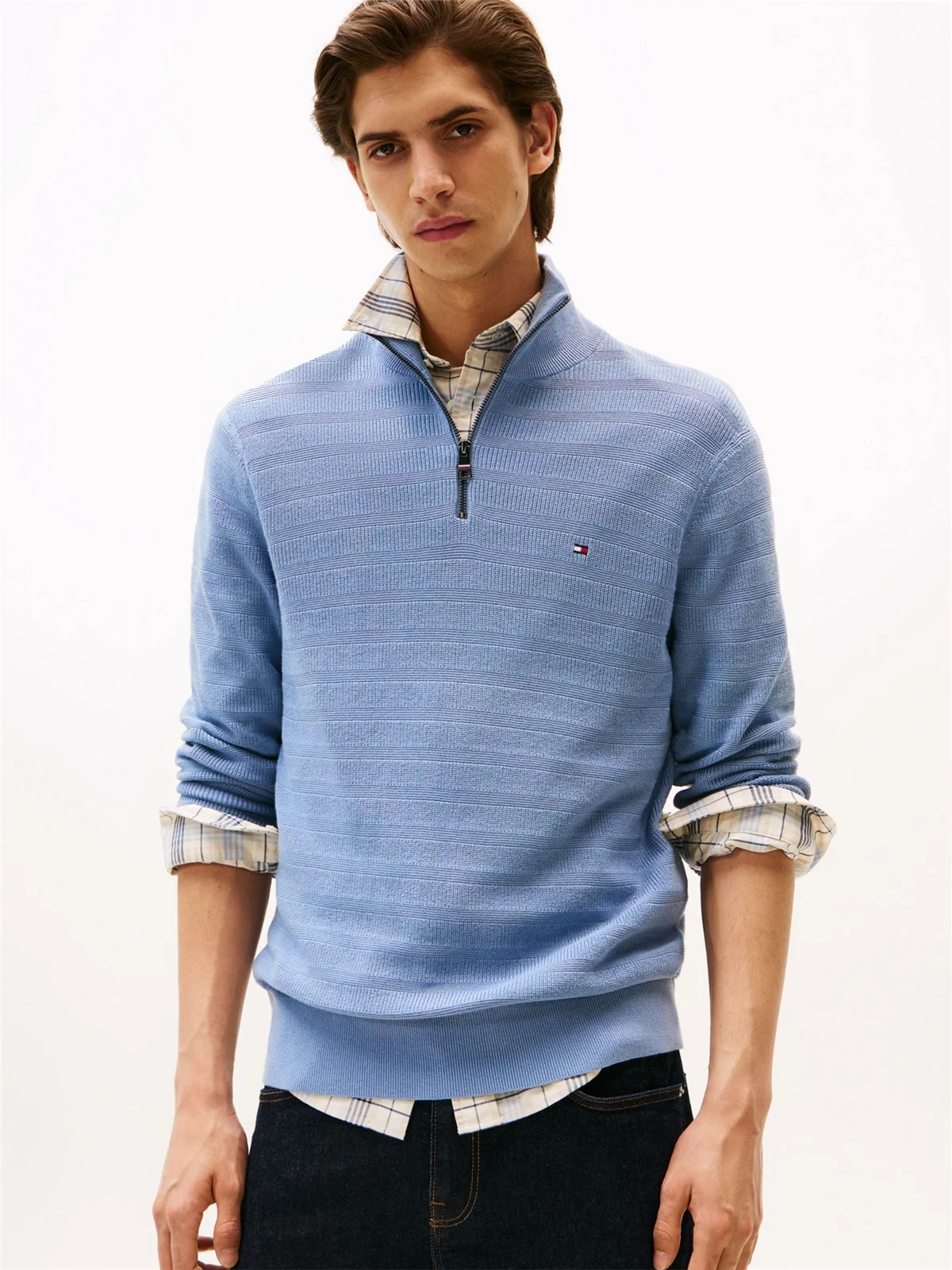 Tommy Hilfiger Textured Stripe Quarter-Zip Jumper - Blue - 2XL