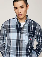 Tommy Jeans Logo Brushed Flannel Relaxed Shirt - Navy - XL
