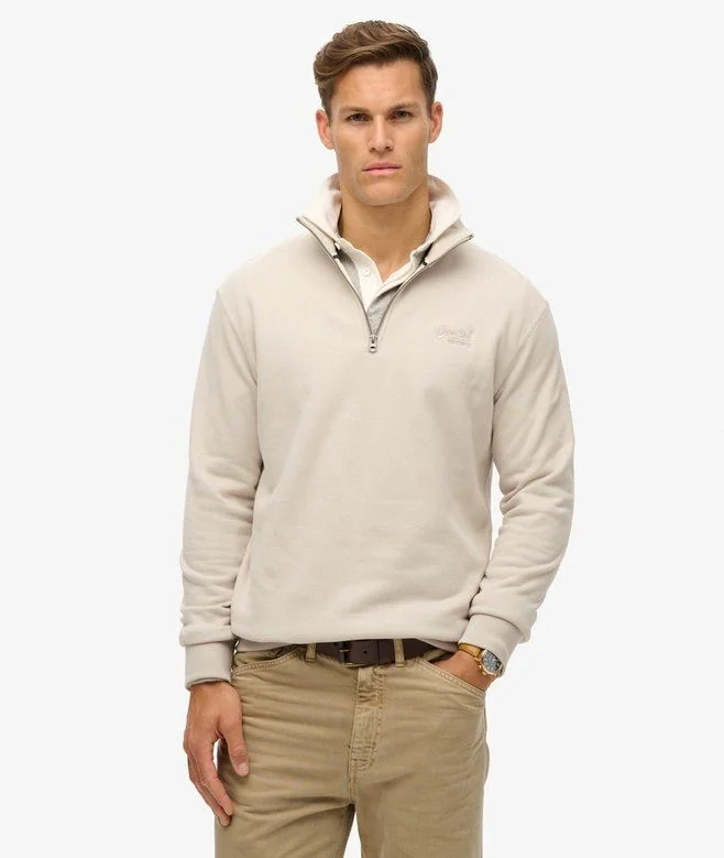 Superdry Essential Logo Henley Half Zip Sweatshirt - Beige - L