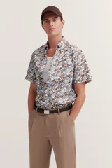 Bugatti Casual Leaf Print Short Sleeve Shirt - Beige - XL