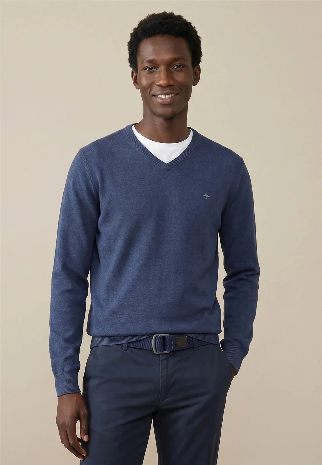Fynch Hatton V-Neck Superfine Cotton Jumper - Navy - L