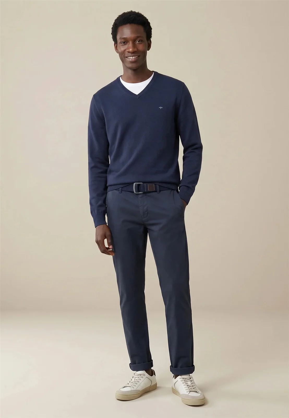 Fynch Hatton V-Neck Superfine Cotton Jumper - Navy - L