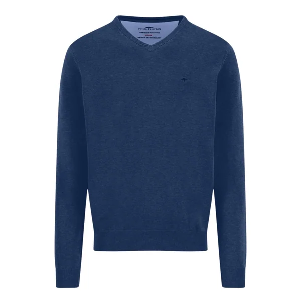 Fynch Hatton V-Neck Superfine Cotton Jumper - Navy - L