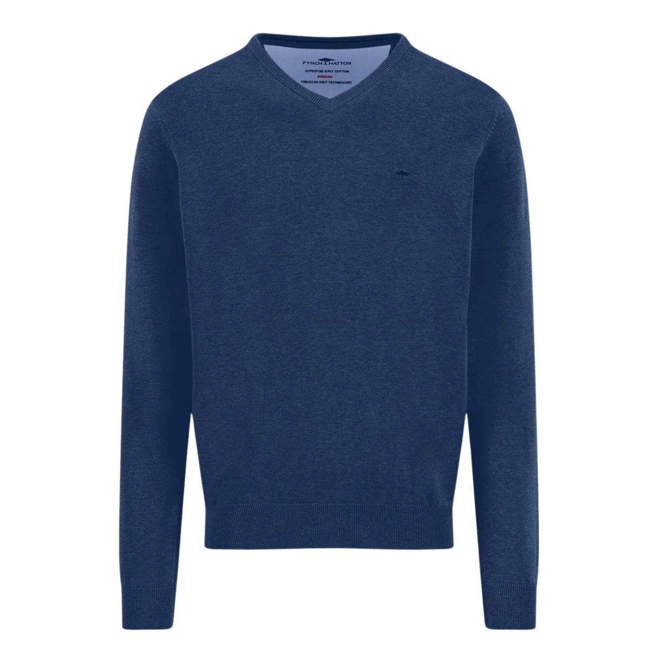 Fynch Hatton V-Neck Superfine Cotton Jumper - Navy - L
