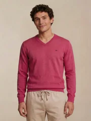 Fynch Hatton V-Neck Superfine Cotton Jumper - Pink - M