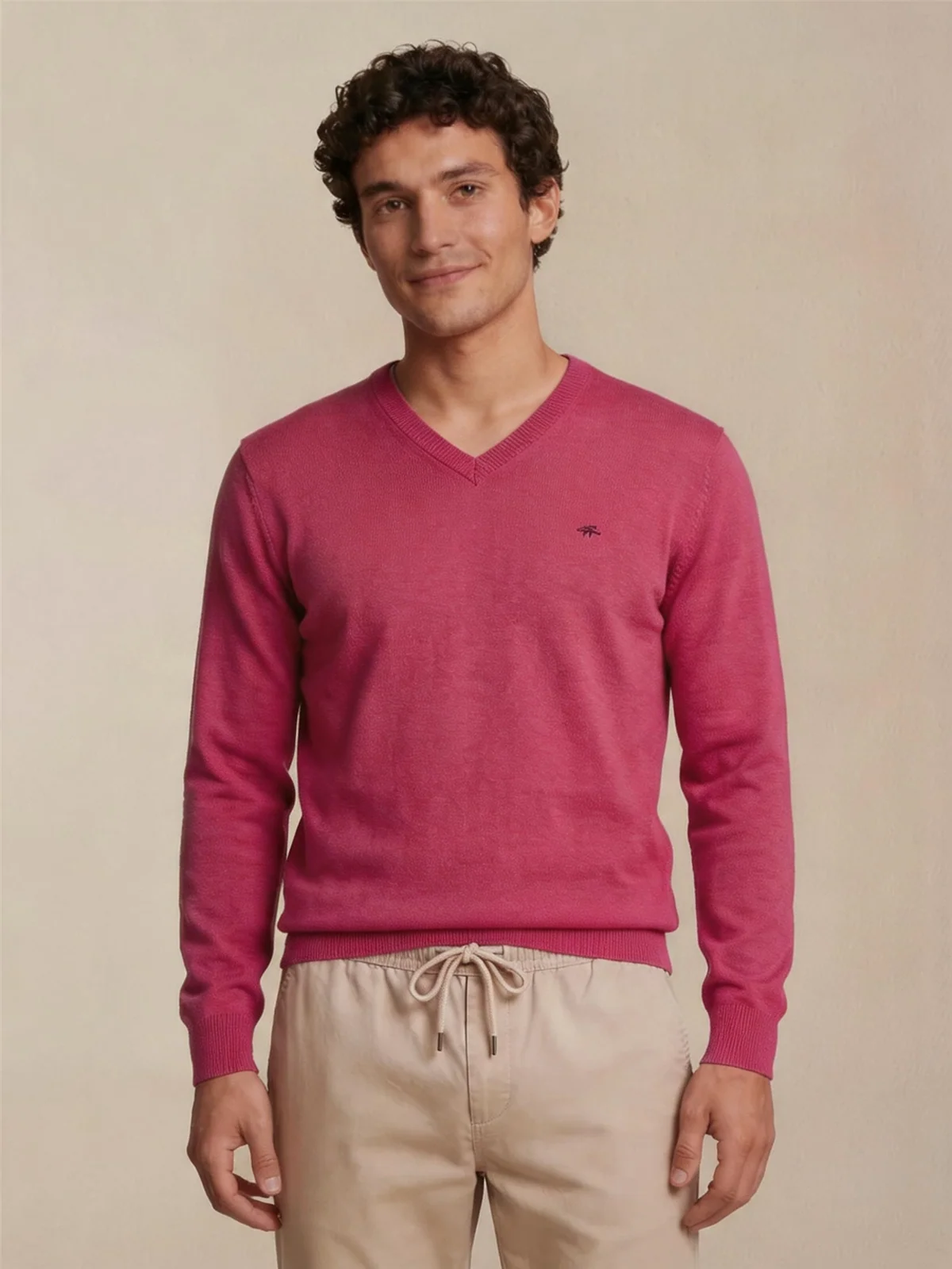 Fynch Hatton V-Neck Superfine Cotton Jumper - Pink - M