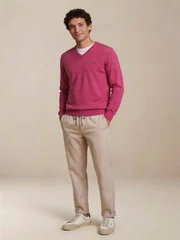 Fynch Hatton V-Neck Superfine Cotton Jumper - Pink - M