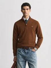 Gant Superfine Lambswool Half Zip Sweater - Brown - L