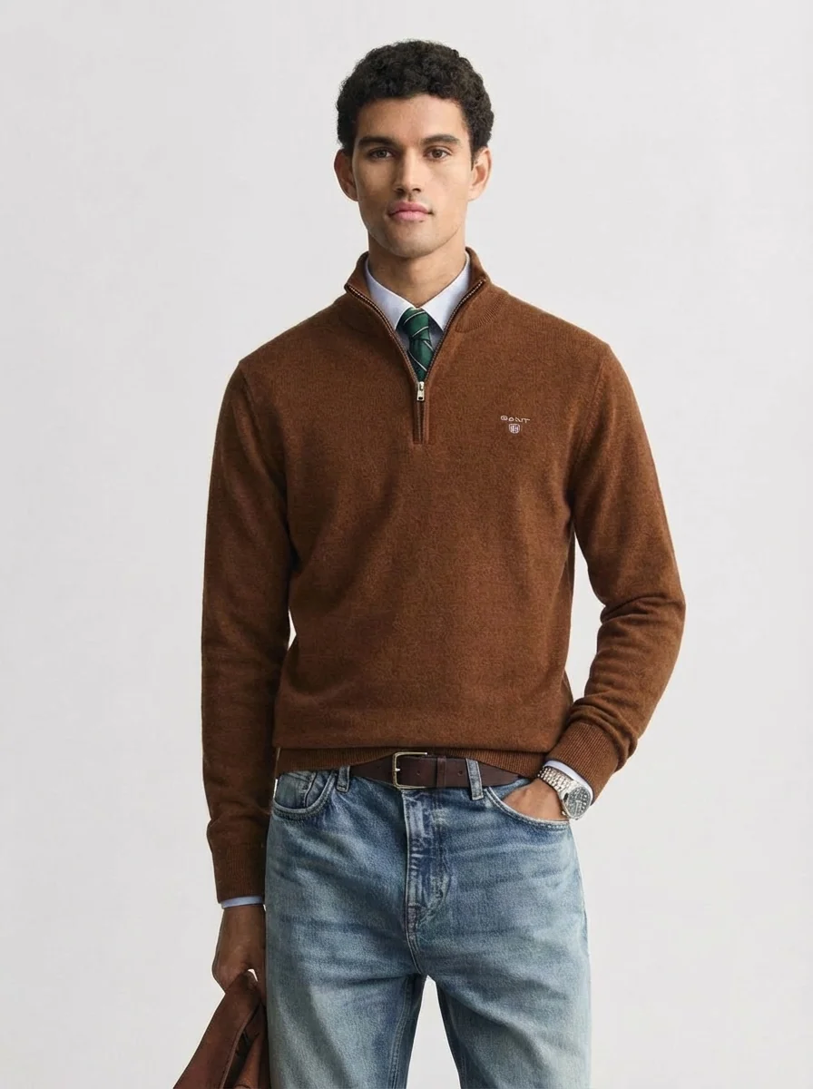Gant Superfine Lambswool Half Zip Sweater - Brown - L