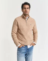 Gant Lambswool Cable Half Zip Jumper - Beige - 2XL