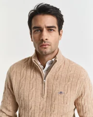 Gant Lambswool Cable Half Zip Jumper - Beige - 2XL