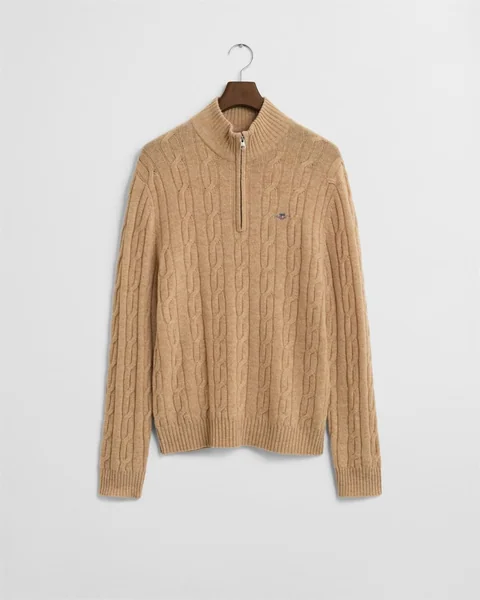 Gant Lambswool Cable Half Zip Jumper - Beige - 2XL