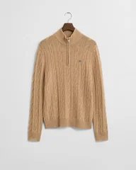 Gant Lambswool Cable Half Zip Jumper - Beige - 2XL